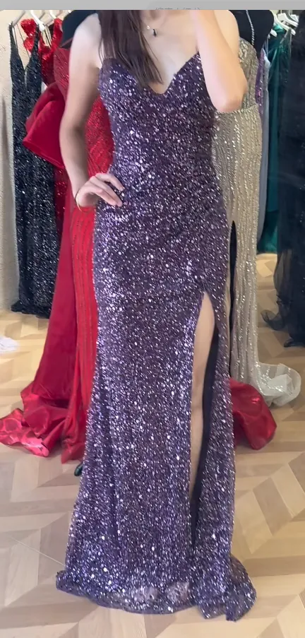 Chic Sheath Purple Long Prom Dresses with Slits Sequin Purple Wedding Guest Dresses HZ1121 - Image 2
