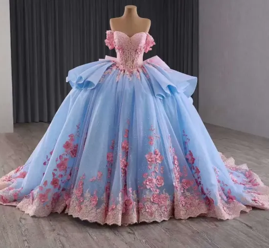 Fairy Off-the-shoulder Ball Gown Blue Long Prom Dresses Tulle Applique Blue Quincea?a Dresses Sweet 16 Dresses HZ1121