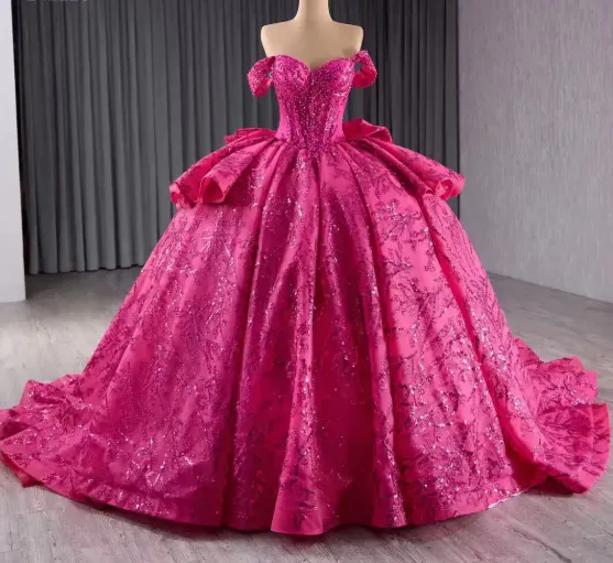 Fairy Off-the-shoulder Ball Gown Fuchsia Long Prom Dresses Tulle Applique Fuchsia Quincea?a Dresses Sweet 16 Dresses HZ1121