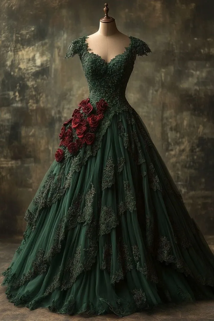 Court Style V-Neck Ball Gown Lace Tulle Long Prom Dresses Dark Green Quinceanera Dresses Sweet 16 Dresses HZ1121
