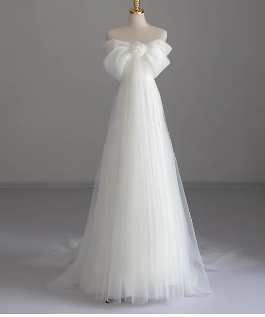 Simple Off-Shoulder A-Line Long Wedding Dress Tulle White Bridal Gown Short Sleeve Bridal Dress HZ1121