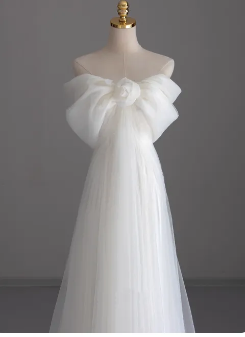 Simple Off-Shoulder A-Line Long Wedding Dress Tulle White Bridal Gown Short Sleeve Bridal Dress HZ1121 - Image 2