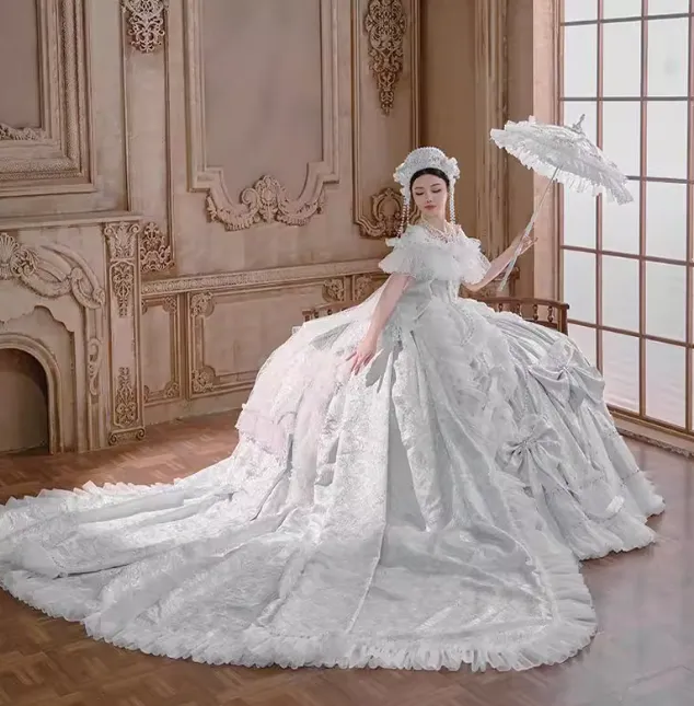 Gorgeous Off-Shoulder Ball Gown Long Wedding Dress White Lolita Bridal Gown HZ1121 - Image 2