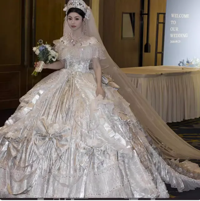 Gorgeous Off-Shoulder Ball Gown Long Wedding Dress White Lolita Bridal Gown HZ1121 - Image 3