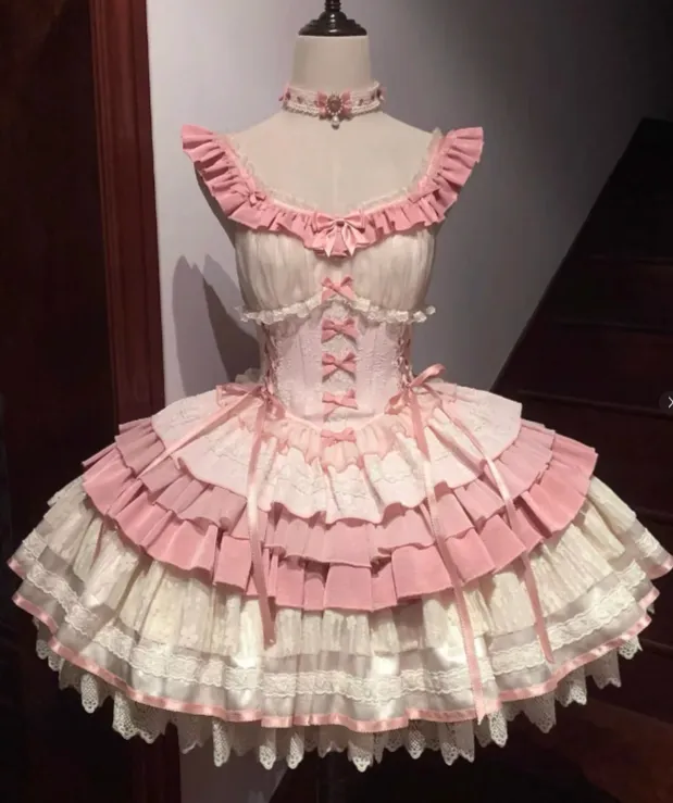Fairy Strap Ball Gown Pink Sleeveless Short Birthday Dress Lace Sweet Lolita Dress HZ1121