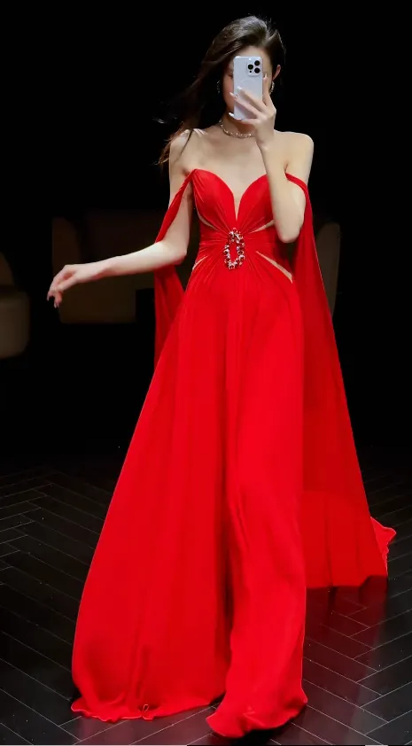 Elegant Sheath Long Prom Dresses , Chiffon Red Evening Dresses HZ1121
