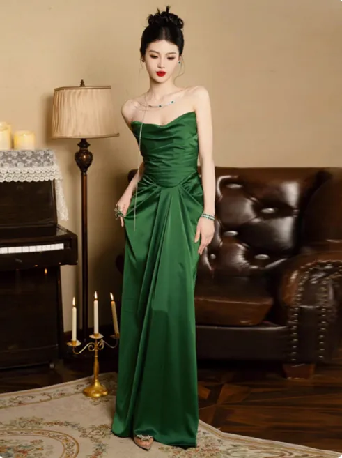 Elegant Strapless Sheath Long Prom Dresses Satin Dark Green Evening Dresses HZ1121
