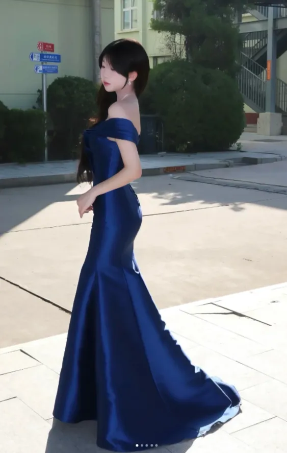 Elegant Off-Shoulder Mermaid Long Prom Dresses Satin Navy Blue Evening Dresses HZ1121 - Image 2