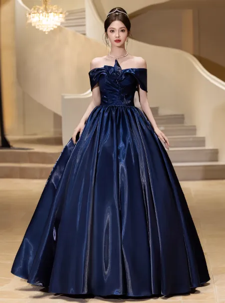 Elegant Cap Sleeve A-Line Prom Dress Satin Navy Blue Evening Gown HZ1121 - Image 2