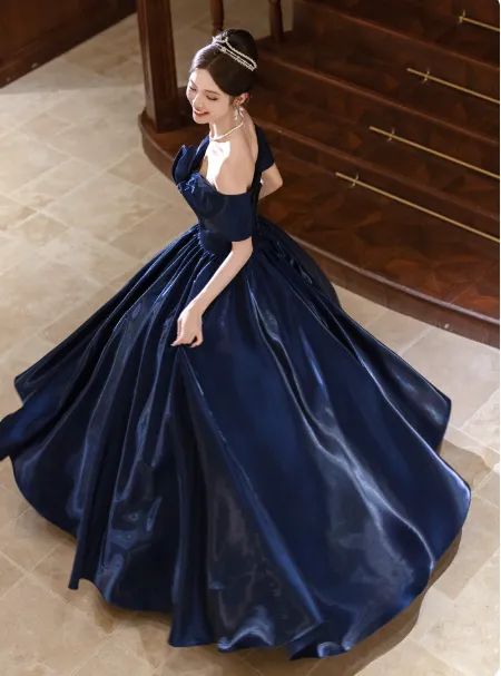 Elegant Cap Sleeve A-Line Prom Dress Satin Navy Blue Evening Gown HZ1121 - Image 3