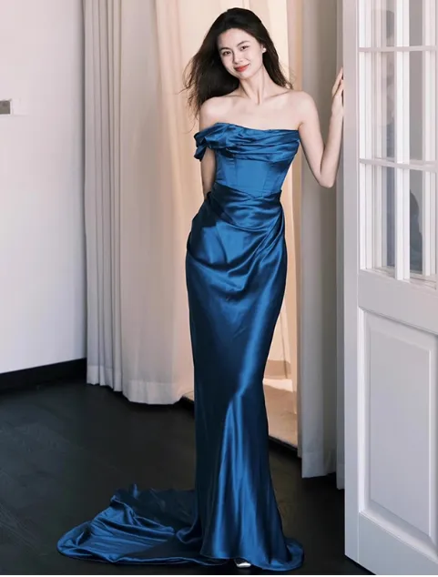 Glam One Shoulder Sheath Long Prom Dresses Satin Navy Blue Evening Dresses HZ1121