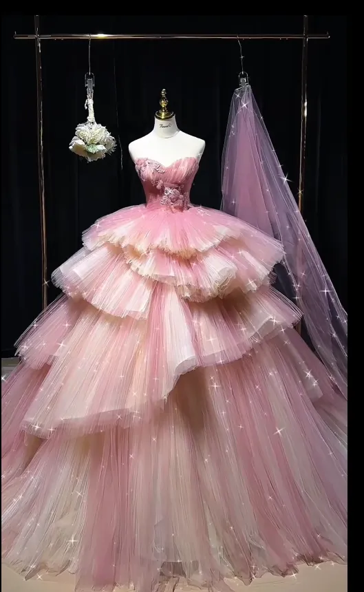 Fairy Ball Gown Pink Long Prom Dresses Strapless Tulle Sleeveless Pink Quinceanera Dresses Sweet 16 Dress HZ1121 - Image 2