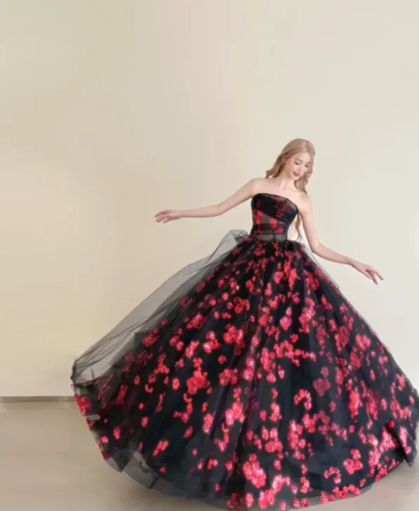 Fairy Ball Gown Black Long Prom Dresses Strapless Tulle Sleeveless Black Quinceanera Dresses Sweet 16 Dress HZ1121