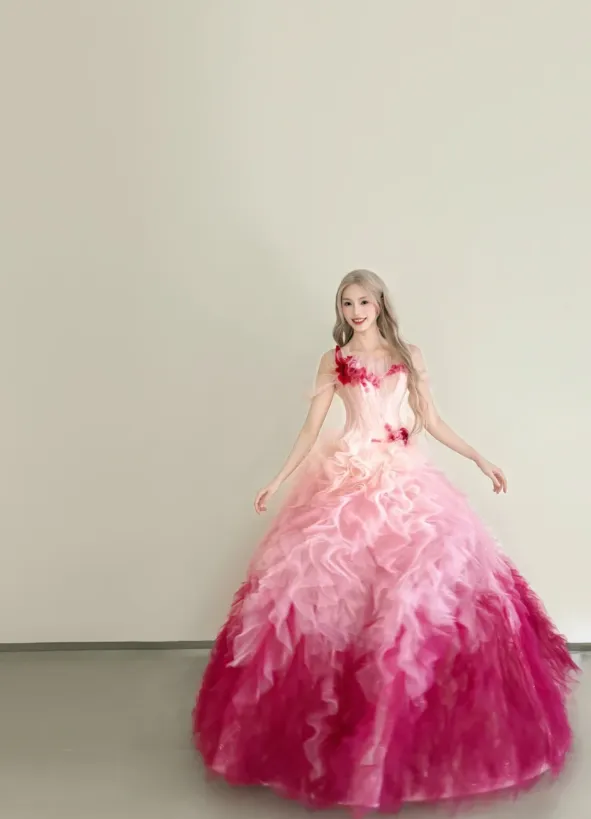 Cute Ball Gown Gradient Pink Long Prom Dresses Strapless Tulle Sleeveless Gradient Pink Quinceanera Dresses Sweet 16 Dress HZ1121