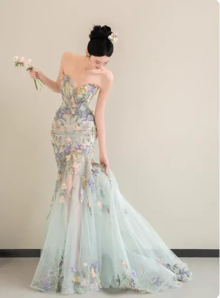 Fairy Mermaid Soft Green Long Prom Dresses Sweetheart Neck Tulle Applique Light Green Birthday Dresses HZ1121 - Image 2