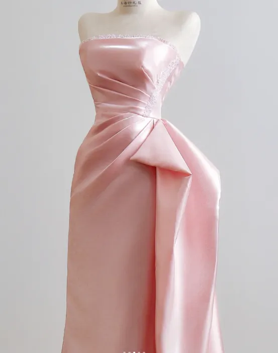 Cute Sheath Pink Long Prom Dresses Strapless Sleeveless Formal Dresses Satin Pink Birthday Dresses HZ1121 - Image 3