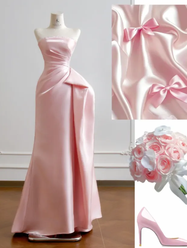 Cute Sheath Pink Long Prom Dresses Strapless Sleeveless Formal Dresses Satin Pink Birthday Dresses HZ1121