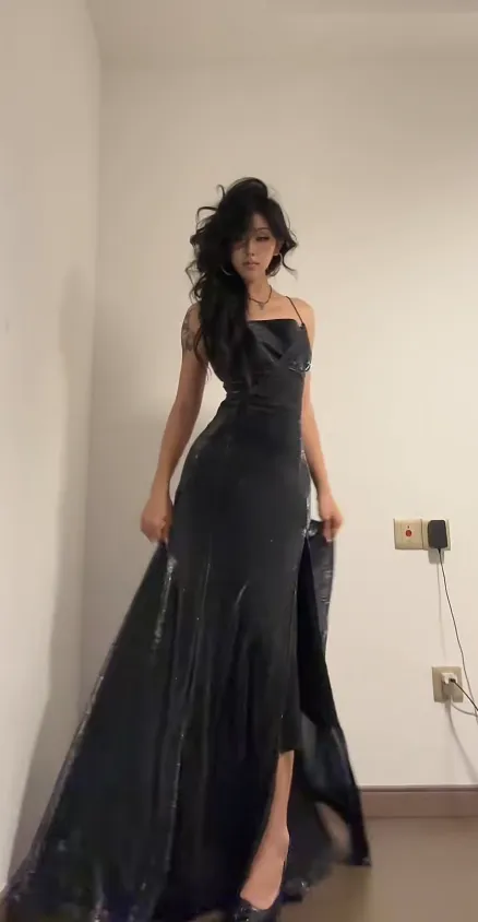 Sexy Sheath Dark Grey Long Prom Dresses with Slits, Spaghetti Straps Satin Dark Grey Birthday Dresses HZ1121