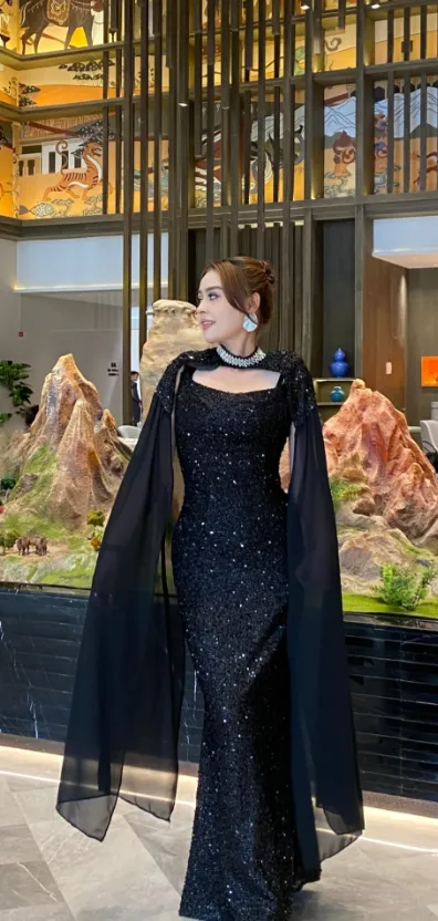 Elegant Sheath Black Long Prom Dresses Tulle Sequin Black Wedding Guest Dresses HZ1121 - Image 2