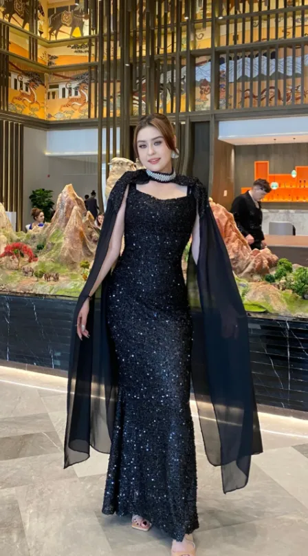 Elegant Sheath Black Long Prom Dresses Tulle Sequin Black Wedding Guest Dresses HZ1121