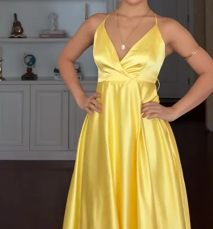 Chic V-neck Sheath Yellow Long Prom Dresses Satin Yellow Wedding Guest Dresses HZ1121 - Image 2