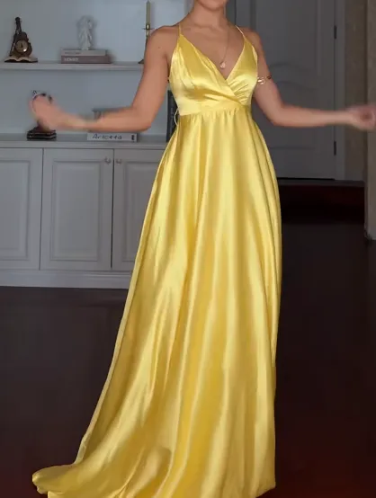 Chic V-neck Sheath Yellow Long Prom Dresses Satin Yellow Wedding Guest Dresses HZ1121