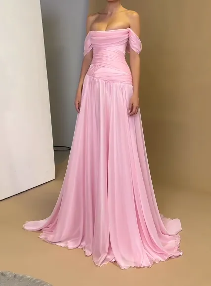 Chic Off-the-shoulder Sheath Pink Long Prom Dresses Chiffon Pleated Pink Evening Dresses HZ1121
