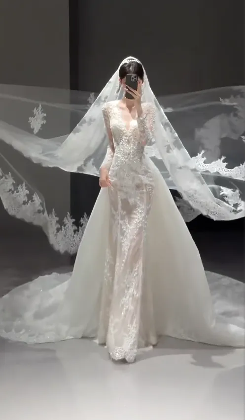 Modest V-neck Sheath Train Long Wedding Dresses Long Sleeve Lace Applique Bridal Dresses White Bridal Gowns HZ1121 - Image 2