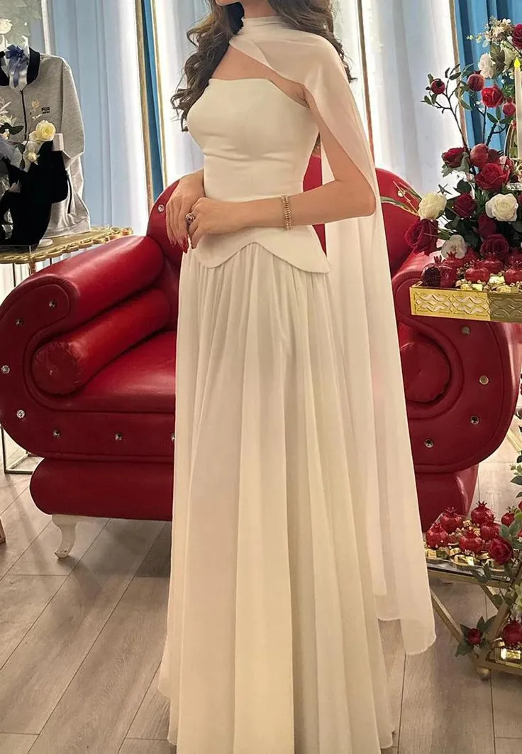 Elegant Strapless Sheath White Long Prom Dresses Sleeveless Chiffon White Evening Dresses with Shawl HZ1121