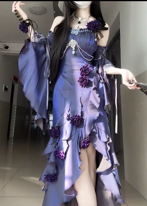 Sexy Spaghetti Strap Sheath Purple Long Prom Dresses Sleeveless Satin Ruffle Purple Birthday Dresses HZ1121