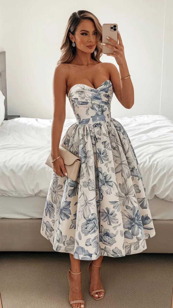 Elegant Wedding Guest Outfit Ball Gown Blue Floral Formal Night Dresses Summer Tea Length Wedding Guest Dresses HZ1121