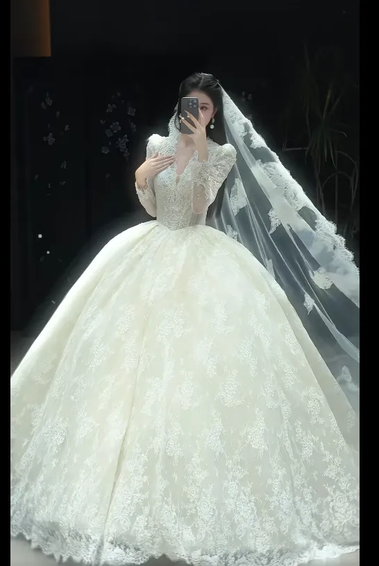 Luxury Ball Gown Long Wedding Dresses Lace Applique White Bridal Gowns Long Sleeve Bridal Dresses HZ1121