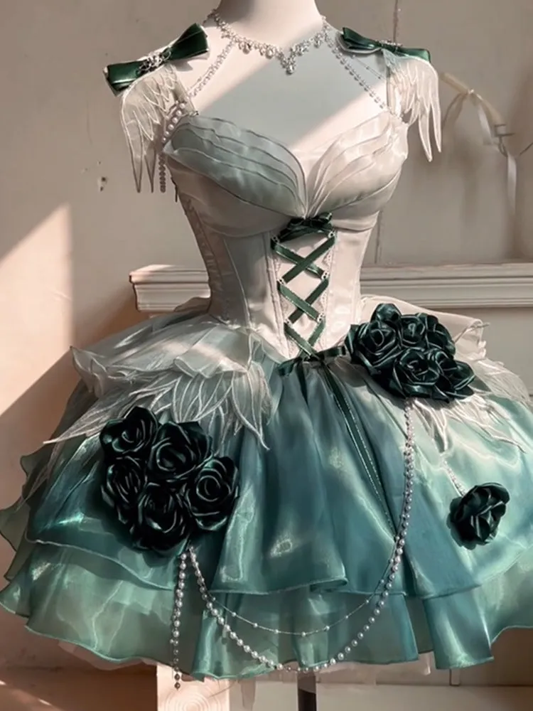 Vintage Ball Gown Spaghetti Straps Chiffon Green Summer 18th Birthday Dress Green Short Lolita Dress 18th Birthday Outfits HZ1121 - Image 2