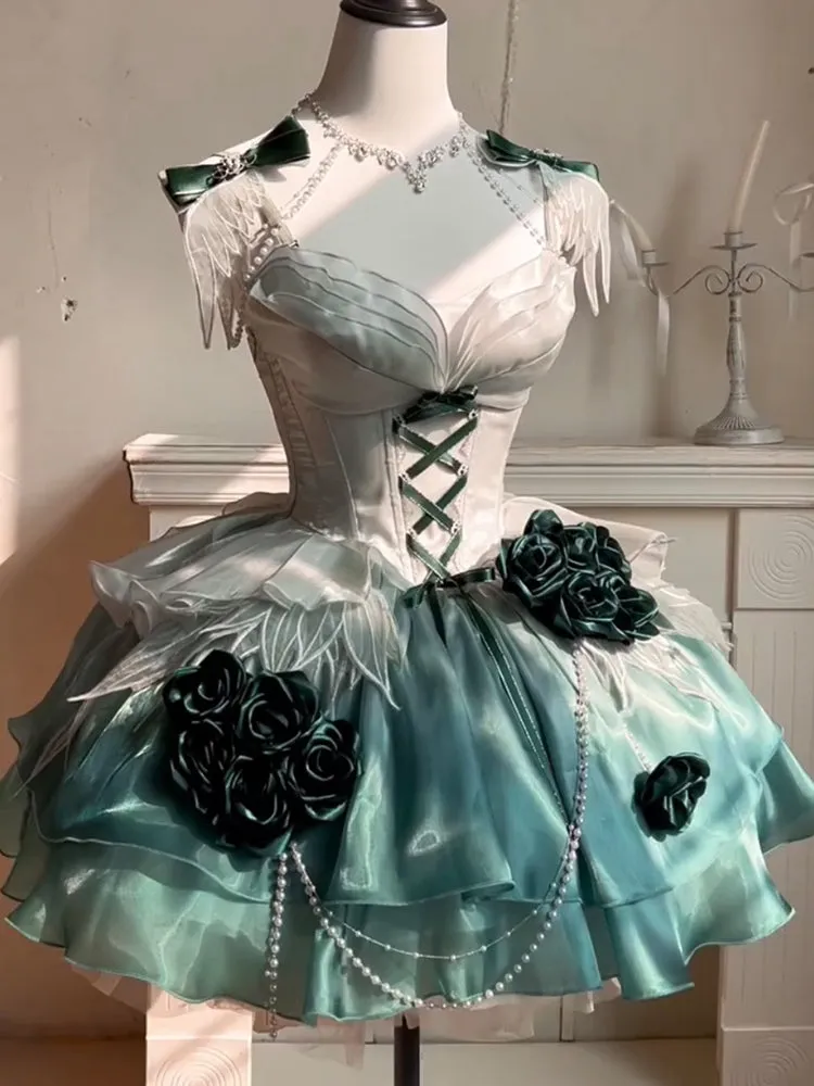 Vintage Ball Gown Spaghetti Straps Chiffon Green Summer 18th Birthday Dress Green Short Lolita Dress 18th Birthday Outfits HZ1121 - Image 3