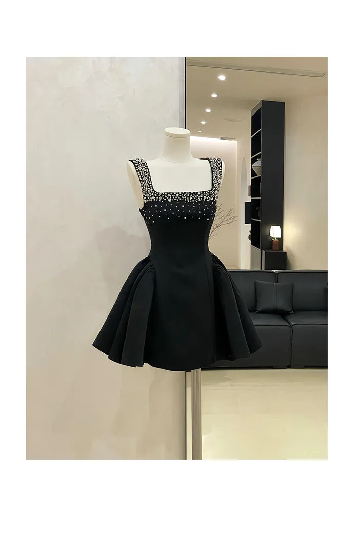 Cute A line Square Neck Black Party Dresses Short Formal Homecoming Dresses Night Chic Elegant Short Dresses Cocktail Dress 16th Birthday Outfits Hoco Dresses HZ1121