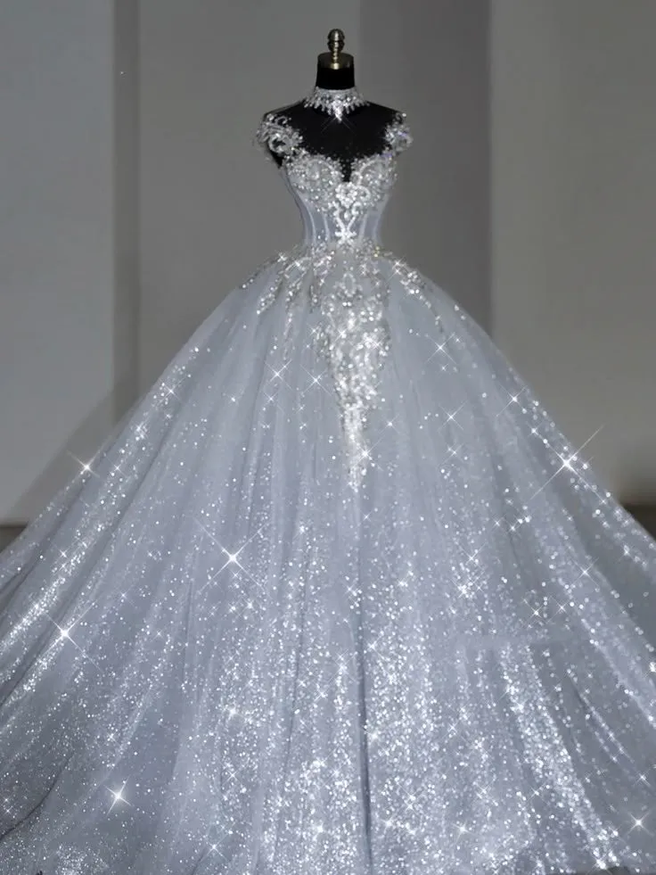 Unique Bridal Dress Ball Gown Scoop White Sequin Long Wedding Dresses Luxury Bride Dress Bridal Gowns HZ1121