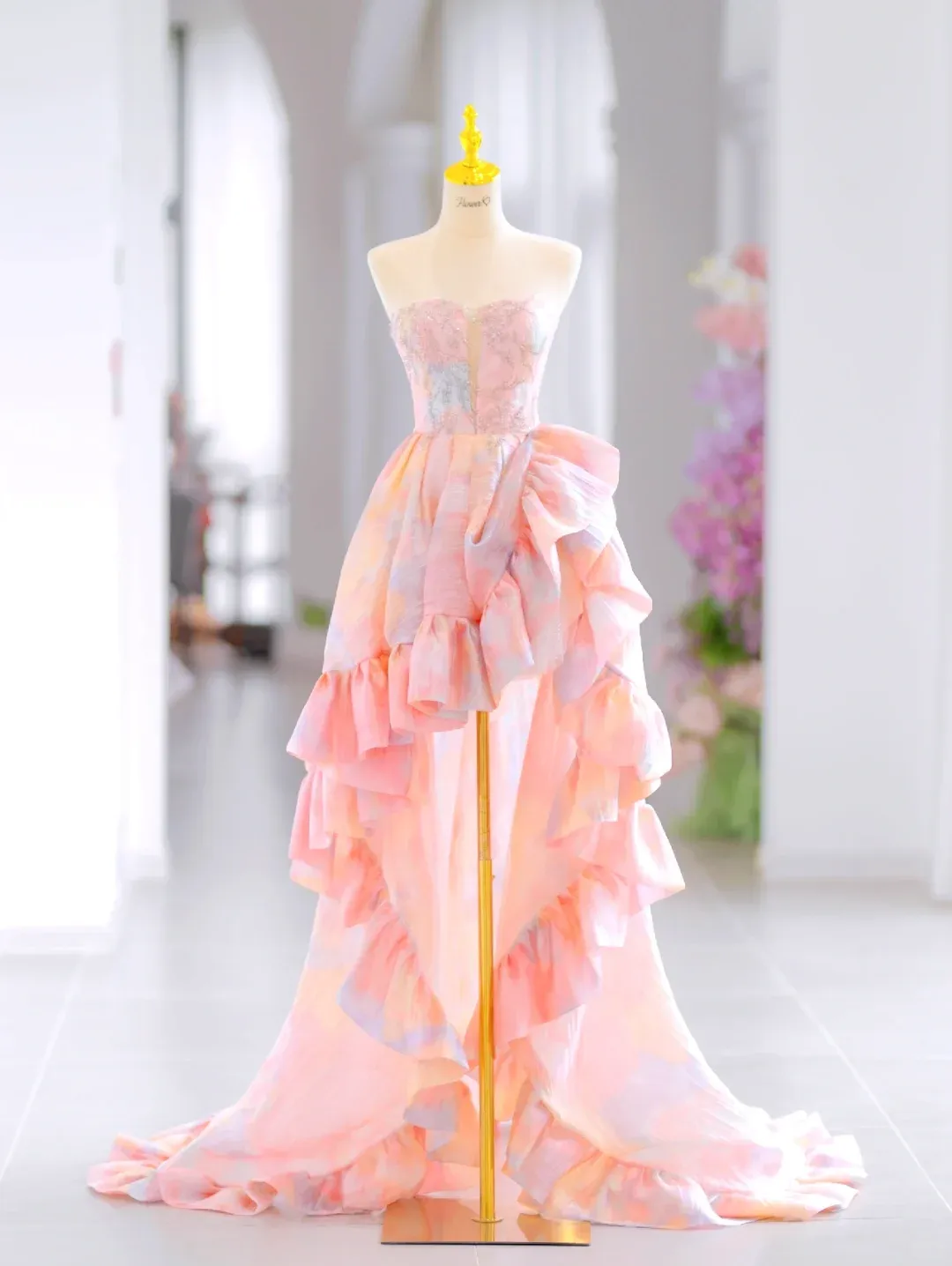 Glamorous High Low Sweetheart Floral Long Evening Party Gowns Evening Special Formal Dresses Prom Dress HZ1121