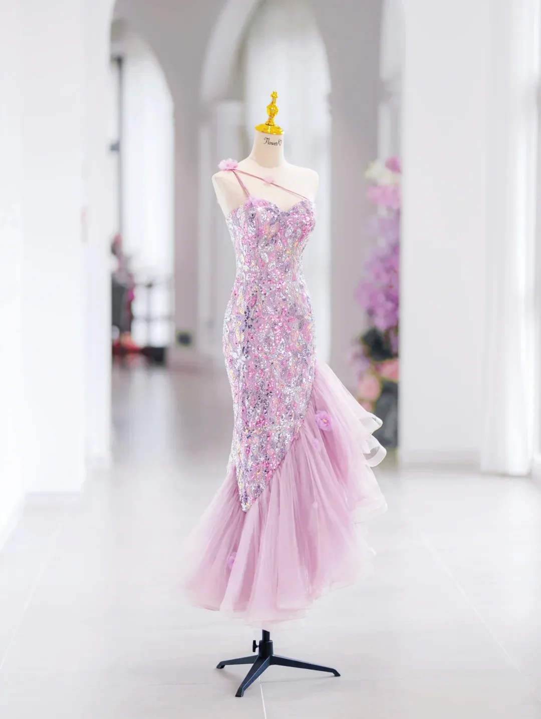 Modest Mermaid One Shoulder Pink Sequin Long Evening Party Gowns Evening Dress Special Formal Dresses Prom Dress HZ1121