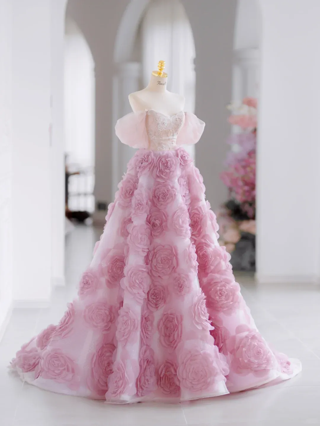 Cute Ball Gown Off The Shoulder Floral Pink Tulle Long Evening Party Gowns Evening Dress Special Formal Dresses Prom Dress HZ1121